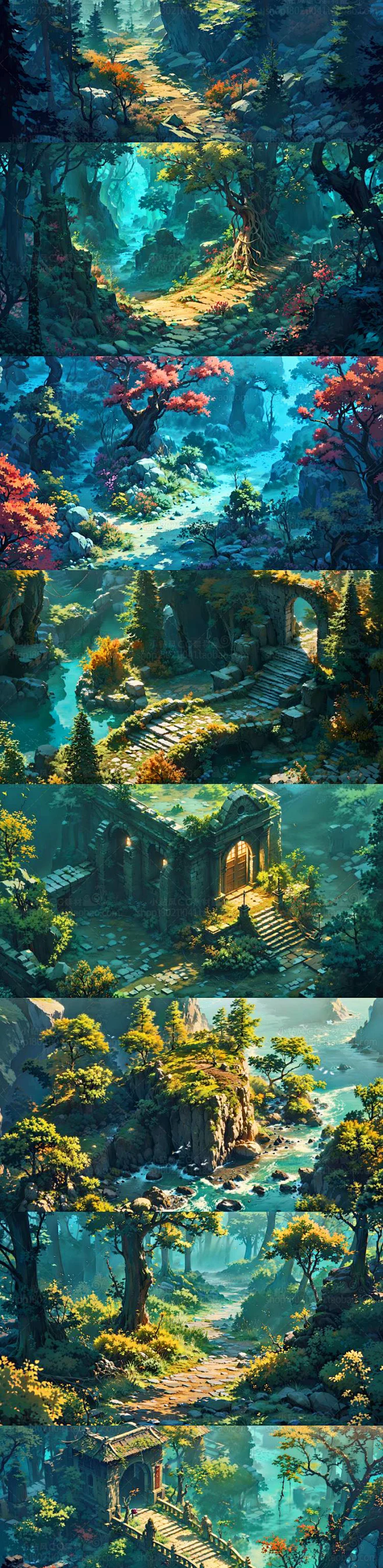 ai魔法森林场景插画素材 卡通游戏场景设计参考 背景绘画临摹图