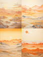 a painting of a desert scene with mountain ranges., in the style of light orange and light gold, naoko takeuchi, mist, luxurious wall hangings, romanticized depictions of wilderness, oriental minimalism, snow scenes --ar 71:93 --v 5.2 