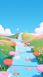 a path with a flower in the background, in the style of colorful animation stills, sky-blue and pink, melting pots, toycore, perspective rendering, duckcore, lively landscapes