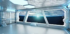 宇宙飞船白色和蓝色的内部与空间和行星地球3D渲染视图