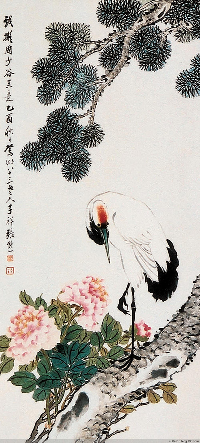 张熊戏拟周少谷其意乙酉秋日松鹤牡丹花鸟立轴欣赏