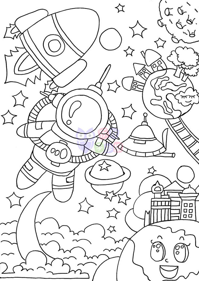 航天科幻画儿童画手稿线稿涂色模板 : 购...