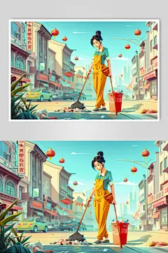 AI数字艺术劳动节清洁工环卫工人插画
