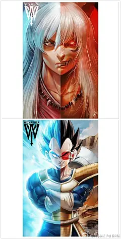 Instagram网友wizyakuza绘制的系列动漫人物，变身前后的对比、宿命中的对手、亦师亦友的亲人等等，完全不同的画风，感觉对原漫画进行了重新的演绎，帅爆了！…