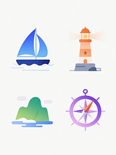 四个完全不同元素内容的航海主题插画系列，每个元素均采用与原图一致的简约扁平风格，白色纯色背景，细腻的线条勾勒轮廓，柔和的渐变色填充，元素包括:1. 蓝色渐变帆船，2. 橙色渐变灯塔，3. 绿色渐变岛屿，4. 紫色渐变罗盘，四个元素规整排布成2x2网格，保持统一的视觉语言和设计感