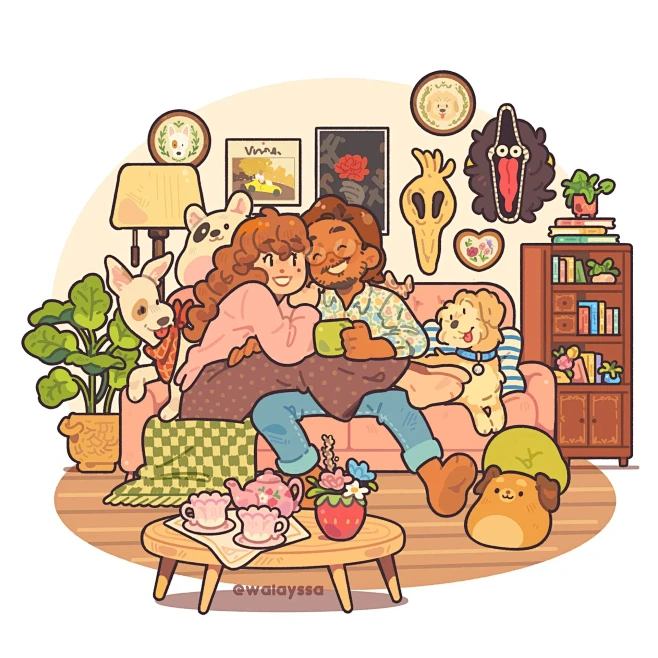 情侣日常可爱温馨插画