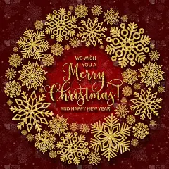 贺卡与圆形框架与雪花和金色文字在红色的背景