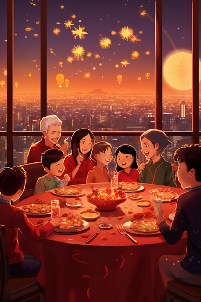新春主题卡通新年年夜饭阖家团圆插画