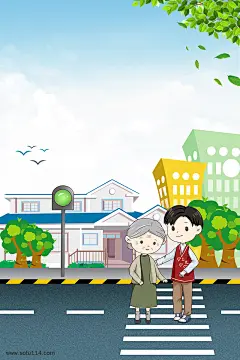 国际志愿者日扶老人过马路卡通海报图片png免抠元素卡通/手绘背景装饰免扣图片