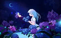 唯美夏天的夜晚女孩在绣球花园遇见精灵唯美夏季夜插画唯美夏天夏日立夏夏季夜晚插画