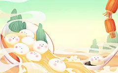 正月十五元宵节国潮风格新年元宵汤圆主体原创插画国潮汤圆插画