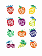 six different fruit stickers with the words plum berry, orange, and blueberry on them