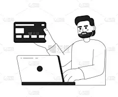 在网上商店的单色概念矢量图上签出.可编辑2D平面bw卡通人物为WebUI设计.男顾客带着笔记本电脑，
