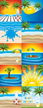 卡通夏季阳光椰树海滩海水矢量素材