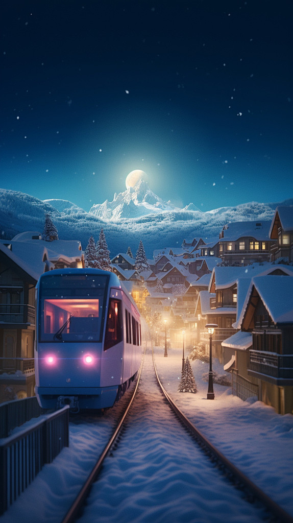山上房子雪地火车树木建筑素材