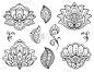 一套曼海蒂花和莲花图案的指甲花绘图和纹身。具有民族东方、印度风格的装饰。涂鸦装饰。轮廓手绘矢量插图。