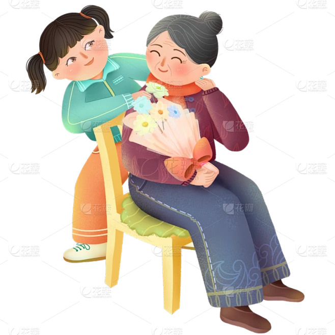 手绘人物插画插画-捶背素材-花瓣网