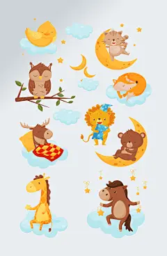 手绘小动物睡觉晚安素材