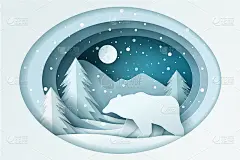 熊与雪在森林和满月在天空。新年快乐，圣诞快乐