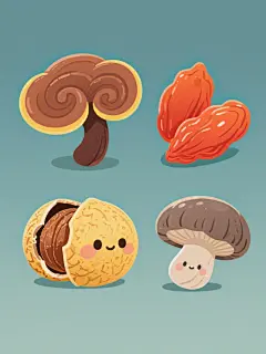 一组四个中国传统滋补食材的卡通手绘插画系列，保持可爱Q萌的风格，线条圆润流畅，色彩鲜亮明快，光影表现柔和，边缘有轻微模糊处理。第一个食材为棕色灵芝，菌盖呈螺旋状层层叠叠，边缘有黄色晕边，菌柄深褐色，置于纯色背景上；第二个食材为橙红色枸杞，颗粒饱满圆润，带有高光质感，置于另一不同色调的纯色背景上；第三个食材为黄色干桂圆，外壳有细微纹理，部分剥开露出棕褐色果肉，置于再一不同色调的纯色背景上；第四个食材为灰褐色香菇，菌盖厚实有自然褶皱，菌褶清晰可见，菌柄短粗，置于最后一个不同色调的纯色背景上。四个食材插画整体色