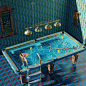 Pool Swimmming billiard surreal yellow duck whimsical ladder game CGI