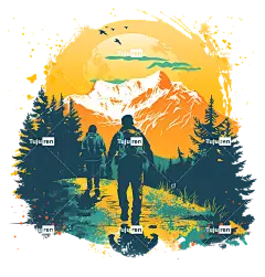 庆祝小径日远足山日落小径—日落时分在山路上的徒步旅行者，艺术风格