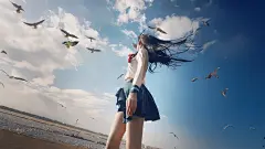 海边女生 海鸥 蓝色天空 动漫桌面壁纸_