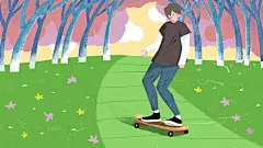 春日公园滑板男孩插画banner背景