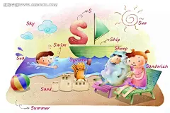 S教学绘本PSD分层素材|插画|城堡|动漫|堆沙|海浪|教学|卡通绘本|卡通人物|可爱|漫画人物|人物|手绘|太阳|小船|学习|椅子|英语|游泳|语言