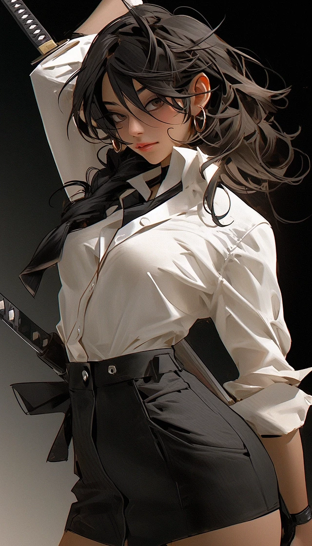 an anime girl in white skirt and black pencil dress and two swords in ...