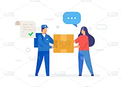 快递员将包裹送到收件人那里。智能手机平板电脑用户界面网上购物。平面插图图标信息图。登陆页网站打印海报