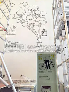咖啡厅墙绘,简约清新手绘墙,楼梯间彩绘,建筑外墙壁画,砖头,树木,鸟笼,窗户,黑猫,隔板,餐厅手绘墙,办公室手绘墙,北京墙绘公司,墙绘素材,手绘培训,壁画价格