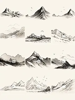 极简主义山水插图，水墨山脉由不同的线条组成黑白
