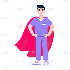 年轻男护士医院医务人员以英雄披风为背后抗击疾病和病毒的前线平面风格矢量插图。未来的医生或外科医生医疗