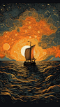 Dot shaped style, sunset, orange yellow sun, clouds, five rotating circles of clouds in a large sky, dot shaped waves, and orange yellow sunset clouds reflected on the waves,one boat is going out to sea, in the style of detailed dreamscapes, light black a