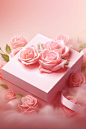 An empty pink gift box surrounded on roses, in the style of realistic landscapes with soft, tonal colors, editorial illustrations, resin, subtle gradients