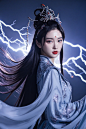 1girl,摄影作品,写实, 中国神话中的女妖,身着华丽的雷妖装,长发如闪电般闪烁,精致的五官,红唇似樱桃,举止中透露出一股神秘而妖娆的气息,人体结构比例精准,各部位比例协调,置身于神秘的雷电之中,变换位置,中景,全身展示,特写镜头,运用极致的光线和超高清超高分辨率,大师级超写实拍摄手法。通过眼神与姿态展现妖界的诡秘与超凡的魅力,背景是雷电交加的天空和闪烁的闪电,丁达尔光效,雷电色调,情感激烈,大师级作品,备受推崇