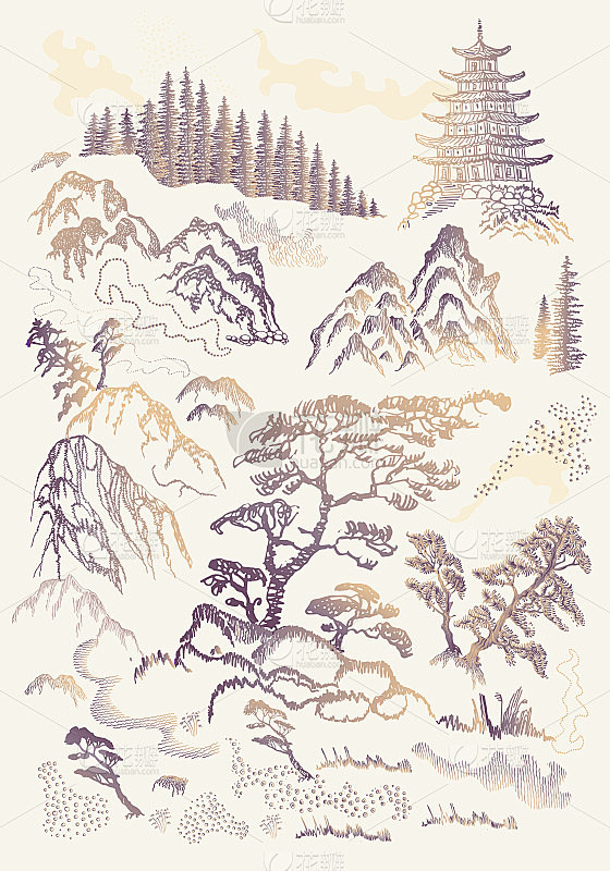 矢量集手绘素描在日本和中国的自然水墨插画...