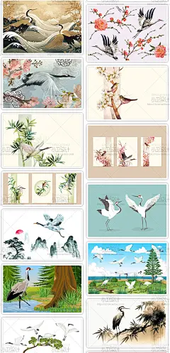 吉祥仙鹤插画古典背景四方连续白鹤图案纹饰底纹长寿平面设计素材-淘宝网
