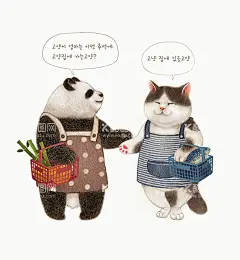 买菜  - 源文件下载【酷图网】熊猫,猫咪,围裙,菜篮子,黑白,蓝色,站立的猫咪,设计,素材,装饰画,其他,