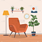 舒适的椅子和室内植物。矢量平面插图