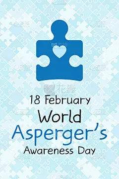 2月18日世界亚斯伯格症宣传日横幅。自闭症的象征。为背景，卡片，印刷，海报或小册子的设计模板。自闭症