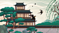 古风国潮中式山水建筑名胜旅行场景手绘插画海报PSD素材 – 优创社