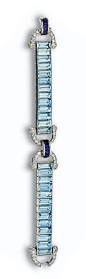 AQUAMARINE, SAPPHIRE AND DIAMOND BRACELET, CARTIER, CIRCA 1935.  Designed as two segments of channel-set rectangular aquamarines with stirrup-link terminals pavé-set with round and single-cut diamonds weighing approximately 2.75 carats, the center and cla