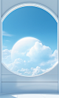 a round window with a large sky and clouds, in the style of futuristic spacecraft design, light sky-blue and light white, anime aesthetic, ricoh r1, streamlined design, glass as material, anti-clutter, minimalist designs