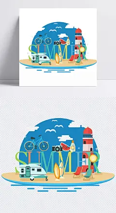 夏季旅行插画|Summer,大海,单车,灯塔,度假,防晒霜,海鸥,躺椅,西瓜,ai,夏季旅行插画,卡通元素,手绘/卡通