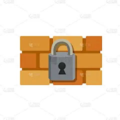 帐户保护和安全。屏蔽系统。图标为应用程序。互联网防病毒。平坦的插图。红砖墙和锁