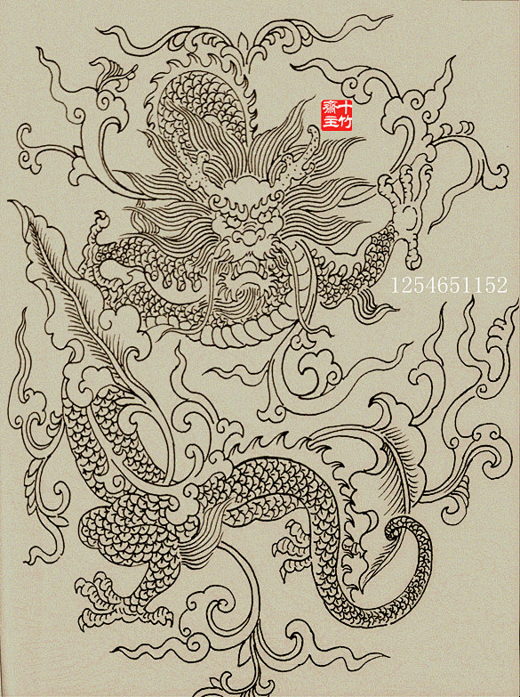 【白描龙凤神兽图】