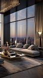 luxury Manhattan penthouse living room, where a sophisticated palette, premium materials