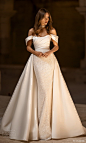 eva lendel 2024 bridal off shoulder straps scoop neckline embellished skirt sheath wedding dress a line overskirt chapel train (15) mv